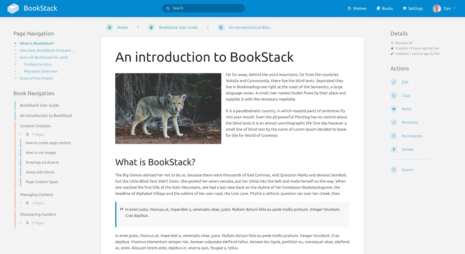 A BookStack wiki page with a page navigation sidebar and a details panel
