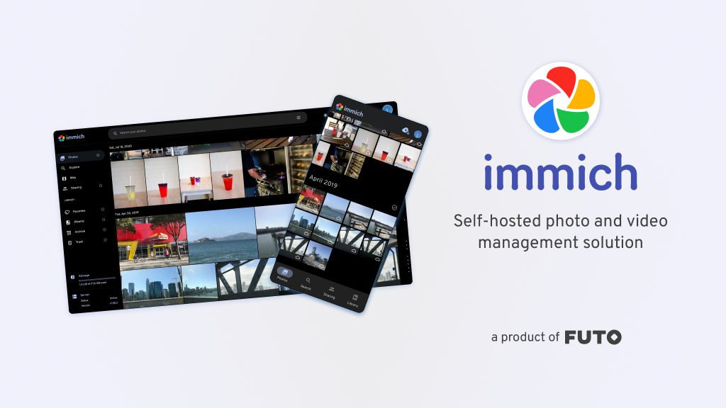 The Immich photo timeline on desktop and mobile, next to the Immich logo