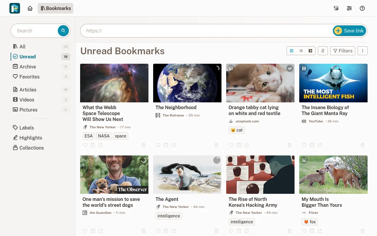 The Readeck bookmark list, showing saved articles as a grid of cards