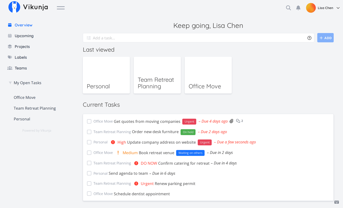 The Vikunja overview dashboard, showing projects and a current task list